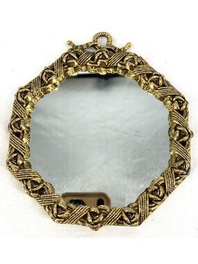 Brass Mirror Hanging Table Top Frame 5.5" Ornate Rose Detailing Hexagon Heavy